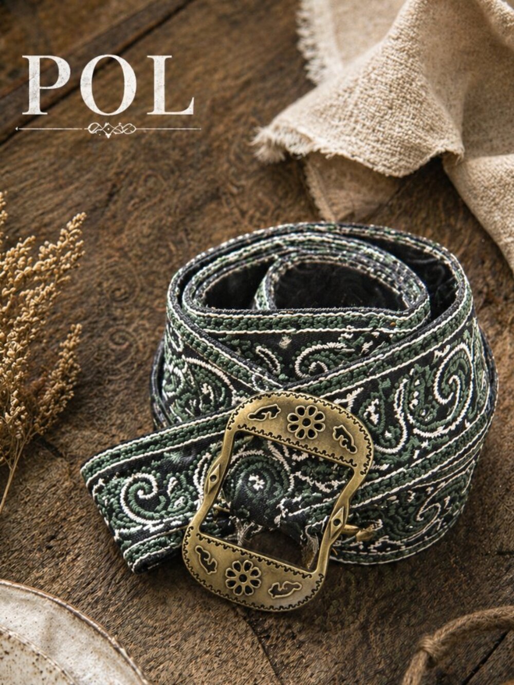 POL Boho Western Inspired Sage Embroidered Brass Lightweight Metal Buckle Fabric